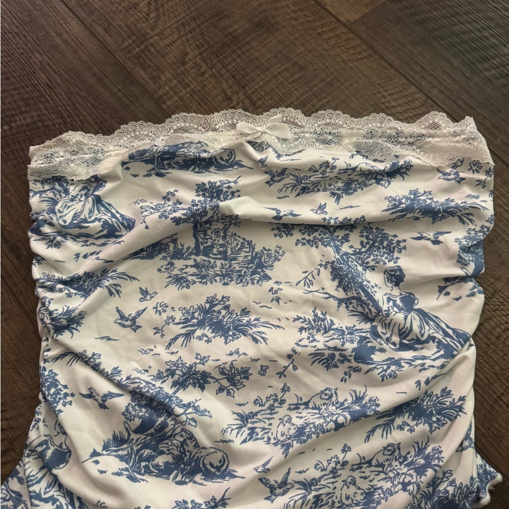 SHEIN Blue and White Lace Trim Top
